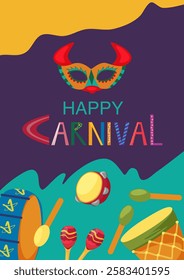 Carnival party flyer. Design for Mardi Gras. Decorative abstract vector illustration with bull mask and musical instruments. Drums and maracas on a bright background. Music festival poster.