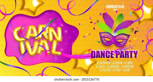 Carnival party flyer template. Banner for fun carnival party.Traditional mask with feathers,confetti and balloons for carnaval,mardi gras, fesival,masquerade,parade. Vector.