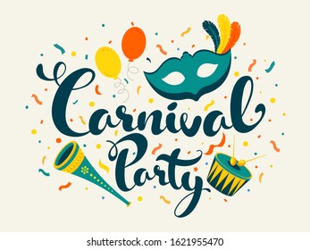 Carnival Party Font with Mask, Balloons, Music Instruments and Confetti Decorated on White Background.