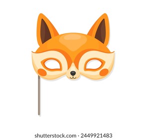 Carnival party fox animal mask for festival or birthday costume, cartoon vector template. Fox face muzzle mask on stick for kids birthday or entertainment masquerade event of happy zoo animal props