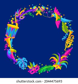 Carnival party frame with celebration icons, objects and decor. Mardi Gras illustration for traditional holiday.