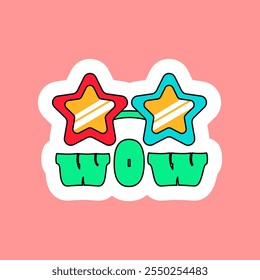 Carnival party glasses in shape of star and inscription wow. New Year velcro for decorating gift or card in style of 2000. Cartoon Y2K retro sticker on pink background