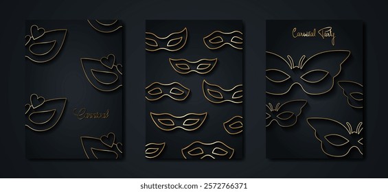 Carnival Party gold and black posters set, flyer or invitation design. Festive Golden cards. Vector illustration. Elegant luxury tickets with pattern and emblem. Place for your text message. Banners