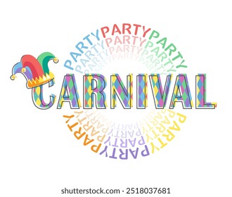 Carnival Party. Greeting card with colorful festive inscriptions and jesters hat. Flat design. Vector illustration.