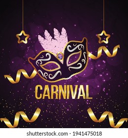 Carnival party greeting card with mask on purple background