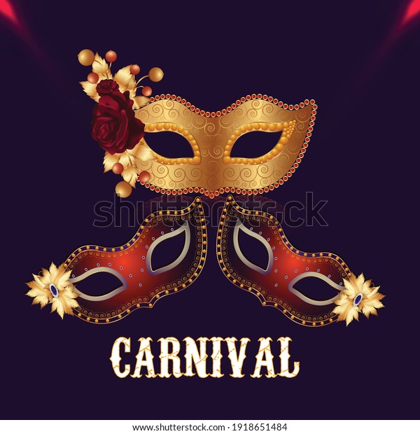 Carnival party greeting card with mask on\
purple background