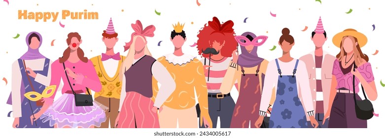 Carnival party with group of young modern people in masquerade costumes and funny masquerade masks, flying confetti, flat vector illustration. The people are celebrating Purim.