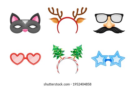 Carnival or Party Headband and Masks with Deer Antler and Moustache Vector Set