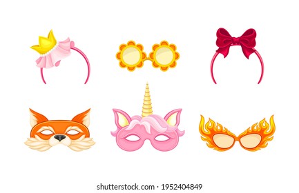 Carnival or Party Headband and Masks with Unicorn and Fox Muzzle Vector Set