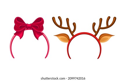 Carnival or party headbands set. Reindeer rim, head decor accessories with bow cartoon vector illustration