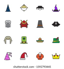 Carnival party headdress elements collection, headgear flat icons set, Colorful symbols pack contains wizard hat, elf cap, pharaoh, pirate, cowboy, leprechaun. Vector illustration. Flat style design