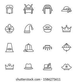 Carnival party headgear line icons set. Headdress linear style symbols collection outline signs pack. vector graphics. Set includes icons as woman hat, king crown, pharaoh, pirate, pilot cap, cowboy