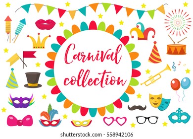Carnival, party icon set design element. Masquerade, Photo booth in modern flat style. Isolated on white background. Vector illustration, clip art