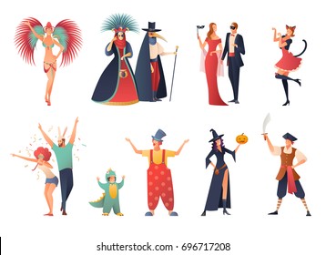 Carnival party icons set with people wearing costumes flat isolated vector illustration