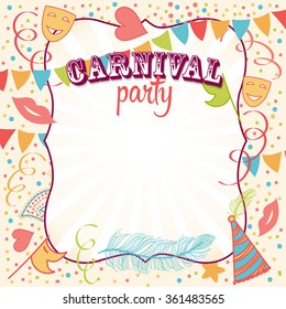 Carnival Party Invitation background with Masks, Hats, Stars, and more objects.