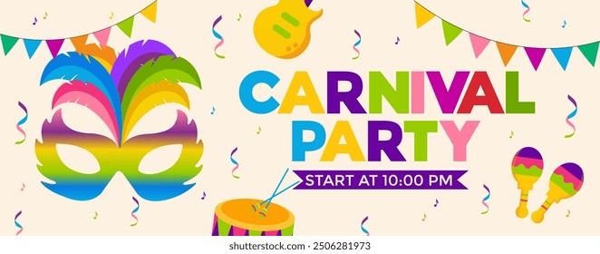  carnival party invitation banner design with mask, feathers, drum and flags for party. Mardi Gras festive, carnival, festival, parade. template for design invitation banners