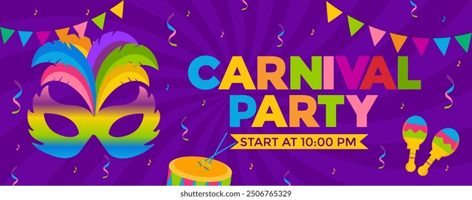 carnival party invitation banner design with mask, feathers, drum and flags for party. Mardi Gras festive, carnival, festival, parade. template for design invitation banners