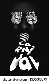 Carnival PARTY invitation card with black mask and striped letters. Vector illustration