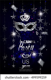 Carnival party invitation card with garlands, sparkling mask and confetti. Vector illustration