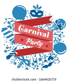 Carnival party invitation card. Traditional feather mask, maracas, fireworks for carnival, Mardi Gras, holiday, masquerade, parade. Template for the design of invitations, flyers, posters, banners.