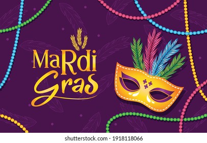 Karneval Party Einladungskarte. Traditionelle Maske mit Federn, Maracas, Feuerwerken, tropischen Blättern für den Karneval, Mardi Gras, Festival, Masquerade, Parade.Vorlage für Design-Einladung, Flyer-Poster, Banner