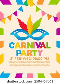 carnival party invitation flyer design with mask, feathers and flags for party. Mardi Gras festive, carnival, festival, parade. template for design invitation banners