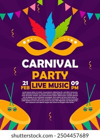 carnival party invitation flyer design with mask, feathers, confetti, drums and flags for party. Mardi Gras festive, carnival, festival, parade. template for design invitation banners