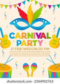 carnival party invitation flyer design with mask, feathers, guitar, drum, confetti and flags for party. Mardi Gras festive, carnival, festival, parade. template for design invitation banners