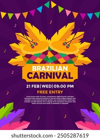 carnival party invitation flyer design with feathers, drum and flags for party. Mardi Gras festive, carnival, festival, parade. template for design invitation banners