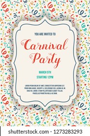 Carnival Party invitation with funny background. Vector.