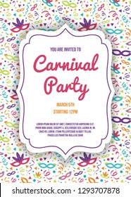 Carnival Party invitation with funny background. Vector.