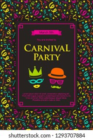 Carnival Party invitation with funny background. Vector.