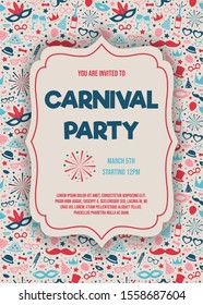 Carnival Party invitation with funny background. Vector.