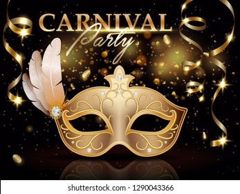 Carnival party invitation poster, banner, golden carnival mask decorated with feathers and diamonds, celebration decoration and ribbons, vector illustration