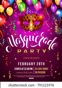 Carnival party invitation poster with masquerade gold mask colorful balloons and confetti vector illustration