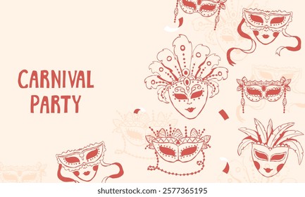 Carnival party invitation template, banner with hand drawn carnival masks