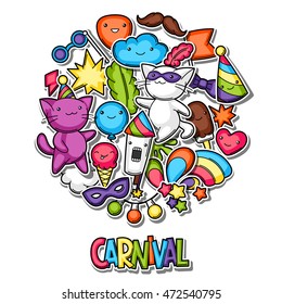 Carnival party kawaii background. Cute sticker cats, decorations for celebration, objects and symbols.