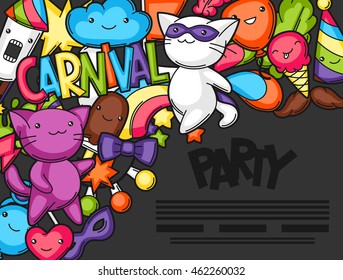 Carnival party kawaii flayer. Cute cats, decorations for celebration, objects and symbols.