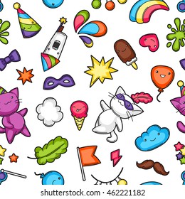 Carnival party kawaii seamless pattern. Cute cats, decorations for celebration, objects and symbols.