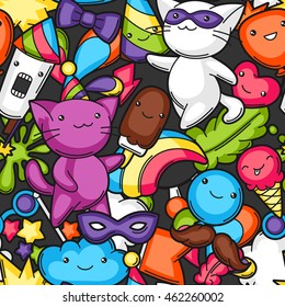 Carnival party kawaii seamless pattern. Cute cats, decorations for celebration, objects and symbols.