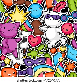 Carnival party kawaii seamless pattern. Cute sticker cats, decorations for celebration, objects and symbols.