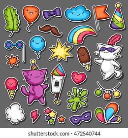 Carnival party kawaii sticker set. Cute cats, decorations for celebration, objects and symbols.