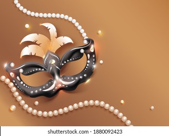 Carnival Party Mask With Light Effect And Pearl Garland On Bronze Background.