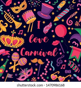 Carnival party masquerade festival doodle cartoon icons greeting card vector template