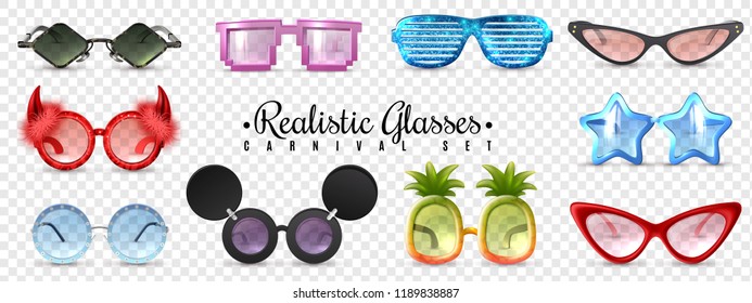 Carnival party masquerade glasses diamond  star cat eye shaped funny sunglasses realistic set transparent background vector illustration 