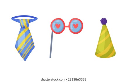 Carnival party objects set. Funny tie, glasses on stick and conical party hat cartoon vector illustration