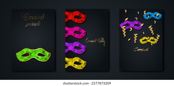 Carnival Party Parade set black poster flyer or invitation design. Festive cards. Elegant luxury tickets with colorful pattern and gold text. Copy space. Vector illustration Banners