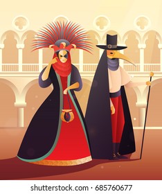 Carnival party with people wearing dresses and costumes flat vector illustration