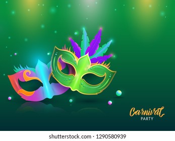 Carnival party poster or banner design with illustration of party masks pm green background.