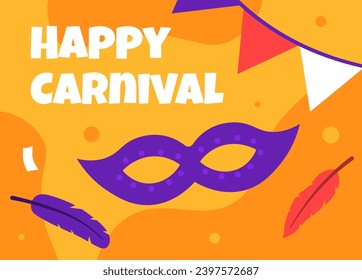 Carnival party poster concept. Face mask for masquerade. Colorful feathers and decorative flags. Greeting and invitation postcard. Cover or banner. Cartoon flat vector illustration